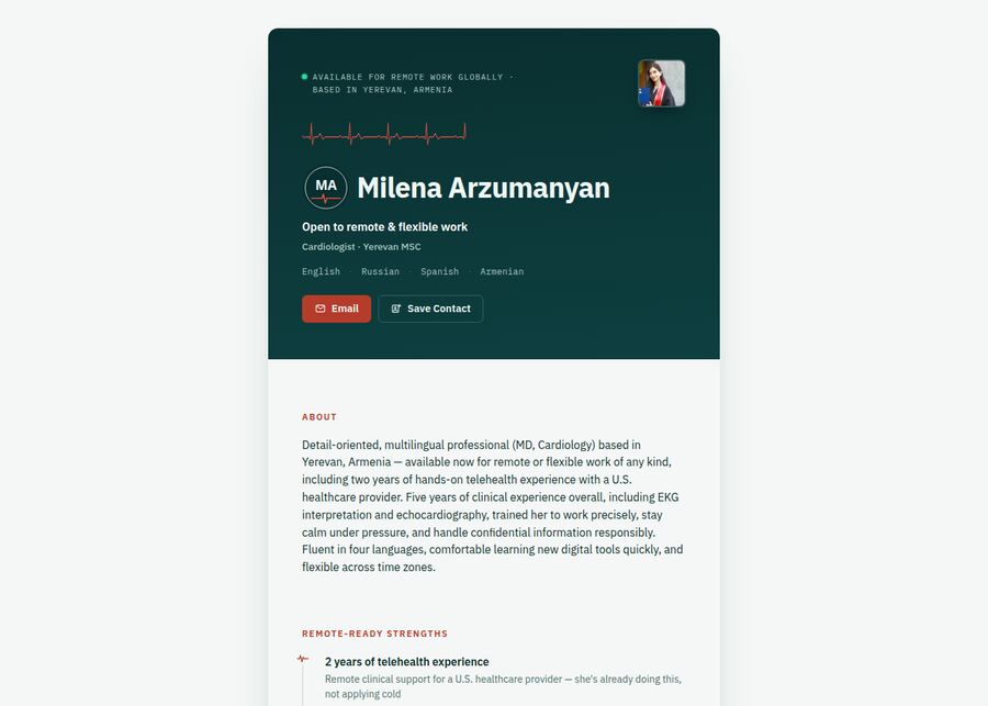 Screenshot of Digital business card for a job-seeking cardiologist